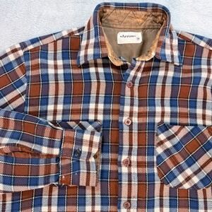 Vintage Arrow Plaid Flannel Shirt Size Medium Brown Blue Button Up Long Sleeve